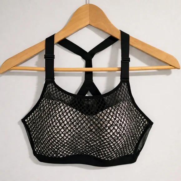 Victoria’s Secret Mesh Sports Bra 34D Black White Sheer Strappy Bra - Picture 1 of 9